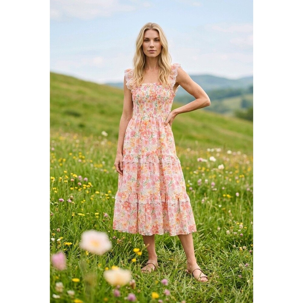 HAUTE HIPPIE Pink Floral Eyelet Maxi Dress 10 Cottage Coquette Fairy Smocked